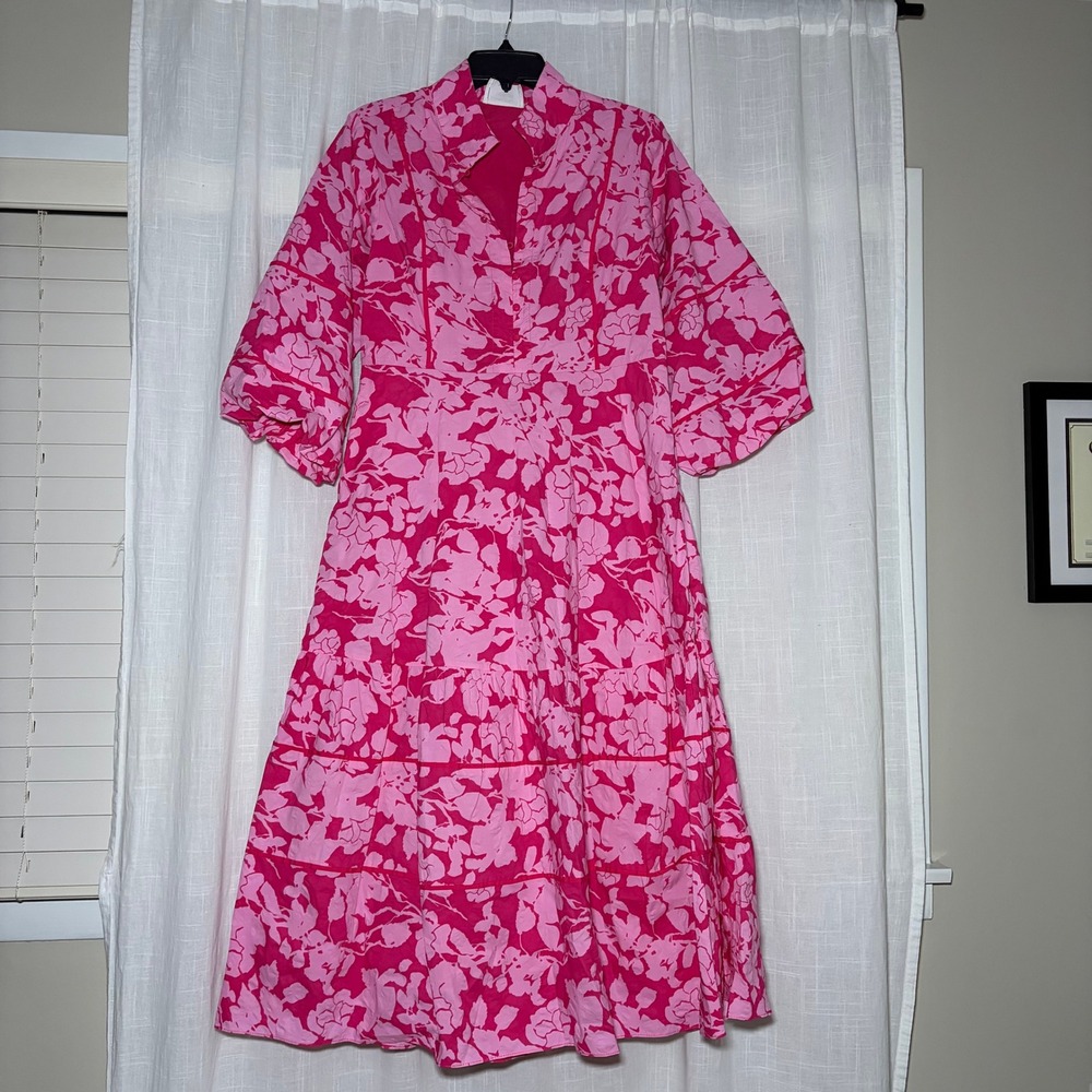 Hyacinth House Dress Womens S Pink Floral Puff Sleeve Tiered Midi Button Front